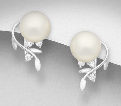 925 Sterling Silver Leaf Push-Back Earrings, Decorated with Freshwater Pearls and CZ Simulated Diamonds