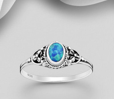 925 Sterling Silver Oxidized Ring Decorated With Lab-Created Opal