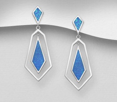 925 Sterling Silver Diamond-Shaped Geometric Hook Earrings, Decorated with Lab-Created Opal