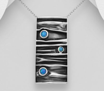 925 Sterling Silver Rectangle Oxidized Pendant Decorated with Lab-Created Opal