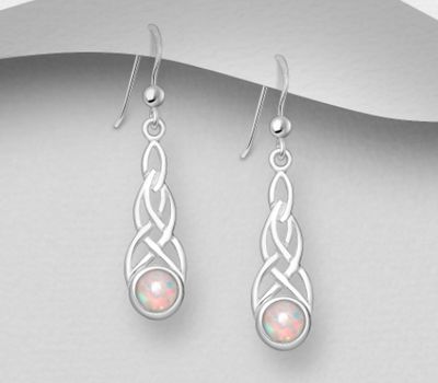 925 Sterling Silver Hook Earrings Featuring Celtic Decorated With Lab-Created Opal