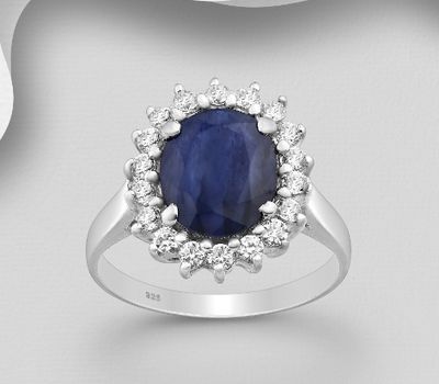 925 Sterling Silver Oval Halo Ring, Decorated with Blue Sapphires and CZ Simulated Diamonds
