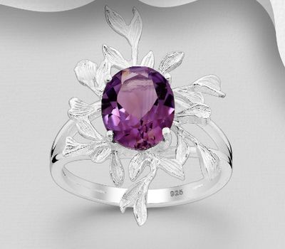 925 Sterling Silver Leaf Ring, Decorated with Amethyst or Sky-Blue Topaz