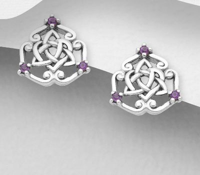 925 Sterling Silver Celtic Push-Back Earrings, Decorated with Amethyst