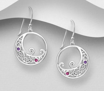 La Preciada - 925 Sterling Silver Oxidized Celtic and Swirl Hook Earrings, Decorated with Pink Sapphire and Amethyst