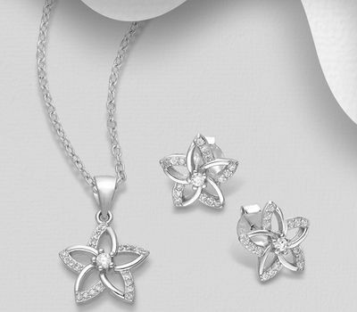 925 Sterling Silver Flower Push-Back Earrings and Pendant Jewelry Set, Decorated with CZ Simulated Diamonds