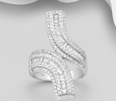925 Sterling Silver Long Ring, Decorated with CZ Simulated Diamonds