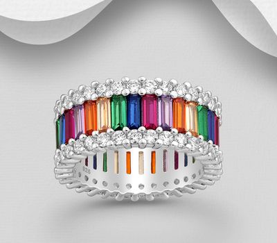 925 Sterling Silver Band Ring, Decorated with Colorful CZ Simulated Diamonds