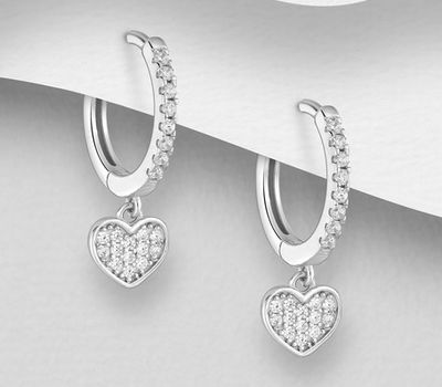 925 Sterling Silver Heart Hoop Earrings, Decorated with CZ Simulated Diamonds
