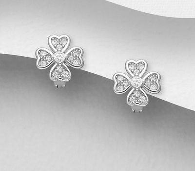 925 Sterling Silver Clover Omega-Lock Earrings, Decorated with CZ Simulated Diamonds