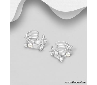 925 Sterling Silver Ear Cuffs, Decorated with CZ Simulated Diamonds and Simulated Pearls
