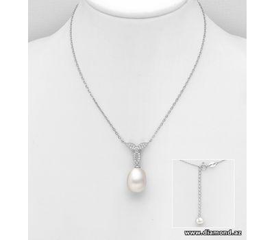 925 Sterling Silver Necklace, Decorated with CZ Simulated Diamonds and Freshwater Pearl