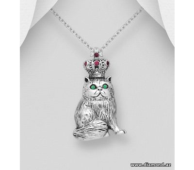 925 Sterling Silver Oxidized Cat andCrown Pendant