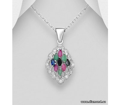 925 Sterling Silver Pendant, Decorated with Various Gemstones