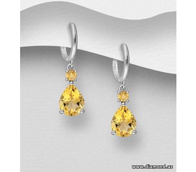 925 Sterling Silver Droplet Omega-Lock Earrings, Decorated with Citrine