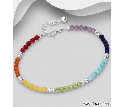 925 Sterling Silver Chakra Bracelet, Beaded with Amethyst, Carnelian, Lab-Created Ruby, Lapis Lazuli, Peridot, Reconstructed Sky Blue Turquoise and Yellow Agate, Bead Colors may Vary.