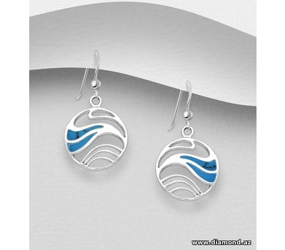 925 Sterling Silver Wave Hook Earrings, Decorated with Reconstructed Turquoise or Various Colored Resins