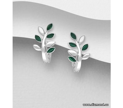 925 Sterling Silver Leaf Omega Lock Earrings, Decorated With Reconstructed Stone or Resin