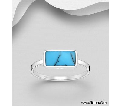 925 Sterling Silver Rectangle Ring Decorated, with Reconstructed Sky Blue Turquoise