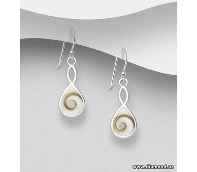 925 Sterling Silver Swirl Droplet Hook Earrings, Decorated with Shiva Shell