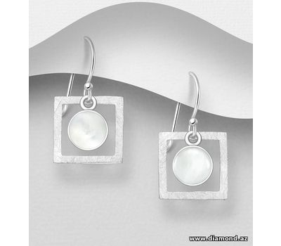 925 Sterling Silver Matt Circle and Square Hook Earrings, Decorated with Shell
