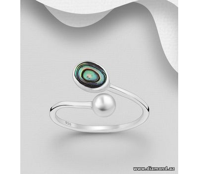 925 Sterling Silver Ball and Oval Adjustable Ring, Decorated with Shell