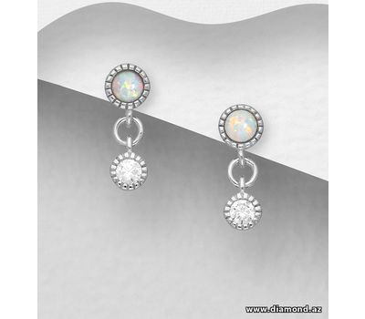 925 Sterling Silver Push-Back Earrings, Decorated with CZ Simulated Diamonds and Lab-Created Opal