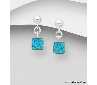 925 Sterling Silver Square Dangle Push-Back Earrings, Decorated with Lab-Created Opal