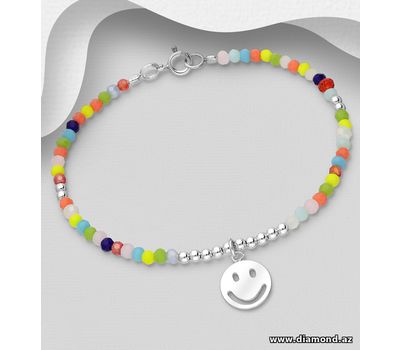 925 Sterling Silver Ball Bracelet, Featuring Smiley Charm, Beaded with Crystal Glass
