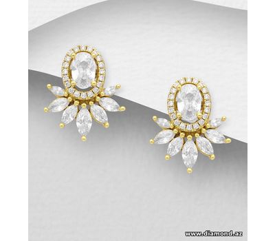 925 Sterling Silver Push-Back Earrings Decorated with CZ Simulated Diamonds, Plated with 1 Micron 14K or 18K Yellow Gold