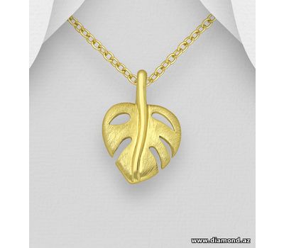 925 Sterling Silver Matt Leaf Pendant, Plated with 1 Micron 14K Yellow Gold