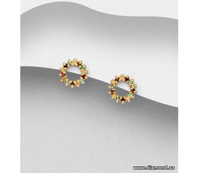 925 Sterling Silver Push-Back Earrings, Decorated with Emerald, Citrine and Garnet, Plated with1 Micron 18K Yellow Gold