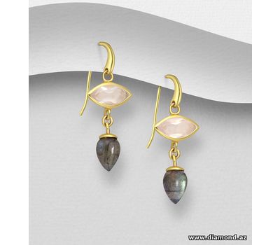 Desire by 7K - 925 Sterling Silver Hook Earrings, Decorated with Rose Quartz and Labradorite, Plated with 0.3 Micron 18K Yellow Gold