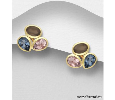 Desire by 7K - 925 Sterling Silver Push-Back Earrings, Decorated with Lab-Created Iolite, Lab-Created Rhodonite and Grey Moonstone, Plated with 0.3 Micron 18K Yellow Gold