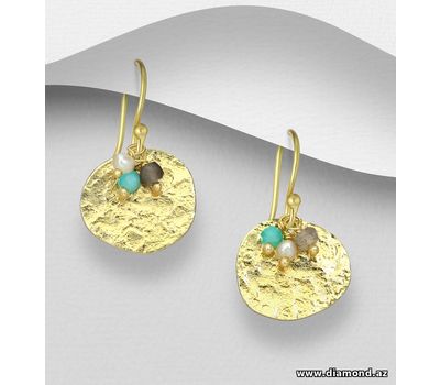 Desire by 7K - 925 Sterling Silver Hook Earrings, Beaded with Amazonite, Freshwater Pearls and Labradorite, Plated with 0.3 Micron 18K Yellow Gold