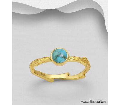 Desire by 7K - 925 Sterling Silver Ring, Decorated with Reconstructed Copper Turquoise, Plated with 0.3 Micron 18K Yellow Gold
