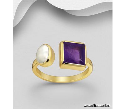 Desire by 7K - 925 Sterling Silver Adjustable Ring, Decorated with Amethyst and Freshwater Pearl, Plated with 0.3 Micron 18K Yellow Gold