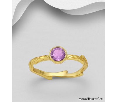 Desire by 7K - 925 Sterling Silver Ring, Decorated with Amethyst, Plated with 0.3 Micron 18K Yellow Gold