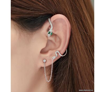 925 Sterling Silver Snake Full Push-Back Ear Cuff, Decorated with CZ Simulated Diamonds
