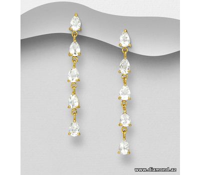 Desire by 7K - 925 Sterling Silver Push-Back Earrings, Decorated with White Topaz, Plated with 0.5 Micron 18K Yellow Gold
