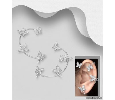 925 Sterling Silver Butterfly Push-Back / Ear Cuffs Earrings, Decorated with CZ Simulated Diamonds
