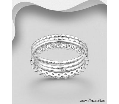 Set of 4 Band Rings, Decorated with CZ Simulated Diamonds, Made of 925 Sterling Silver