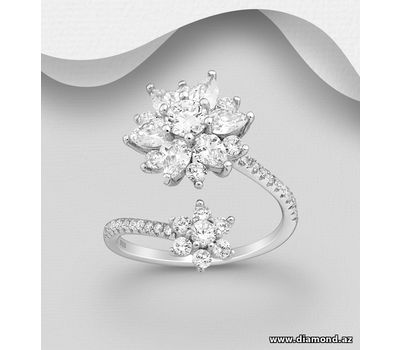 925 Sterling Silver Flower Adjustable Ring Decorated With CZ Simulated Diamond