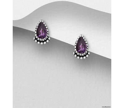 La Preciada - 925 Sterling Silver Oxidized Droplet Push-Back Earrings, Decorated with Amethyst