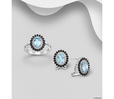 La Preciada - 925 Sterling Silver Omega Lock Earrings and Ring Jewelry Set, Decorated with Sky Blue Topaz, Black Spinel and CZ Simulated Diamonds