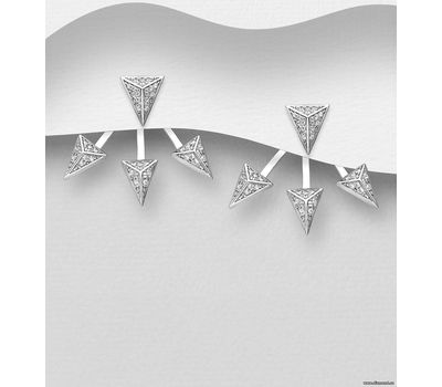 925 Sterling Silver Pyramid Jacket Earrings, Decorated with CZ Simulated Diamonds
