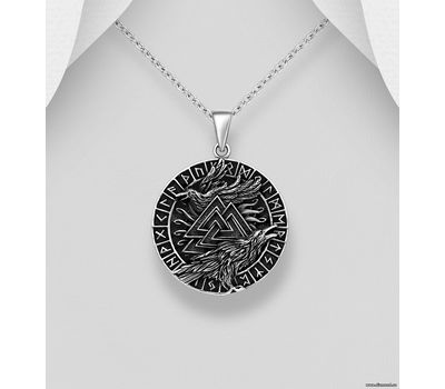 925 Sterling Silver Oxidized Crow, Valknut and Viking vegvisir amulet Pendant
