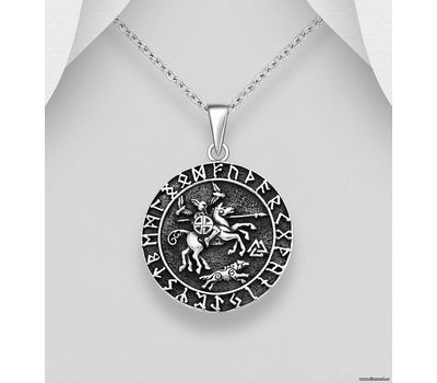 925 Sterling Silver Oxidized Viking Odin Ride Horse and Rune Pendant
