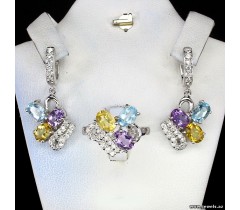 Malın səhifəsinə keç Təbii ametist, sitrin, göy rəngli topaz və cz ilə bəzədilmiş 925 əyar gümüş dəst