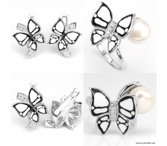 White cubic zirconia 925 silver butterfly enamel earring & ring